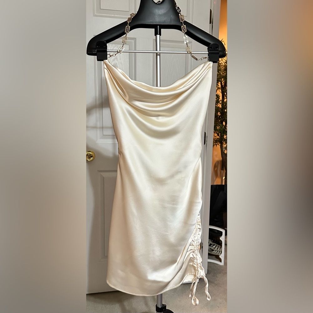 Fashion Nova Cream Satin Backless Dress with Gold Chain Detail